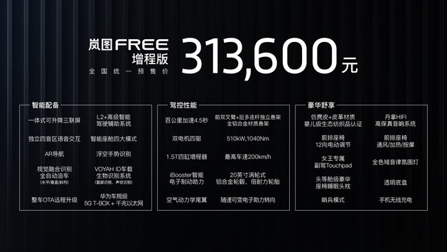 岚图FREE预售31.36万起 续航860km/终身质保/免费充电