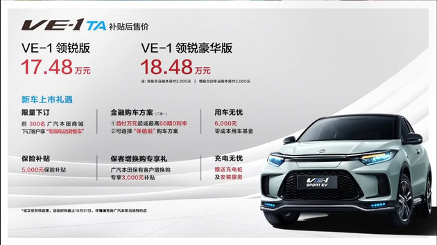 广汽本田VE-1 TA系列正式上市 售价17.48-18.48万元