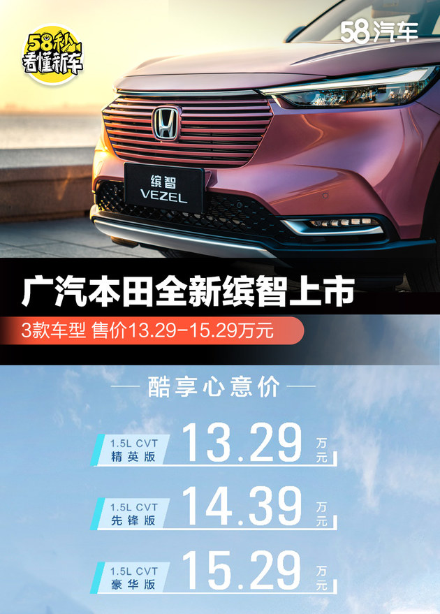 广汽本田全新缤智上市 3款车型 售13.29-15.29万元