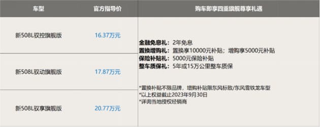 东风标致新508L正式上市，售价16.37万元起
