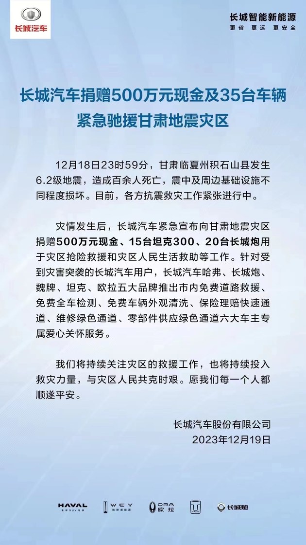 长城汽车向甘肃地震灾区捐赠500万元现金及35台车辆