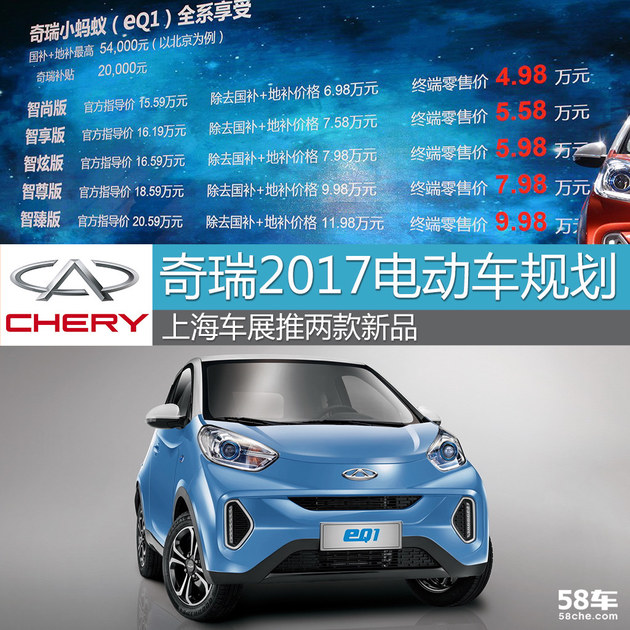 奇瑞2017电动车规划 上海车展推两款新品