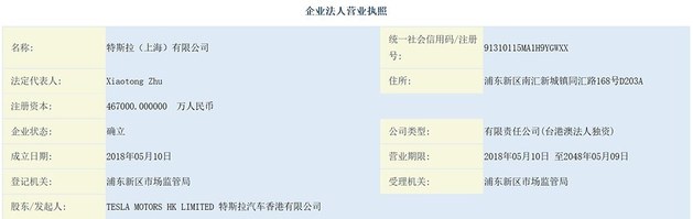 特斯拉上海公司注册资金增至46.7亿元