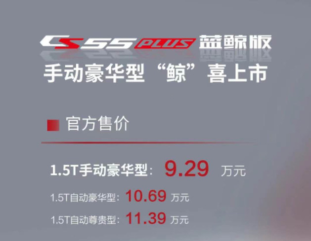 售9.29万 长安CS55 PLUS蓝鲸版手动豪华型上市