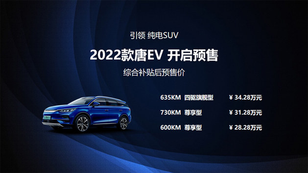 比亚迪唐EV开启预售 28.28-34.28万元