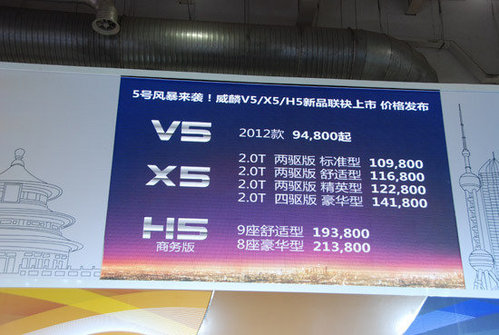 售价9.48万起 威麟2012款V5/X5/H5上市