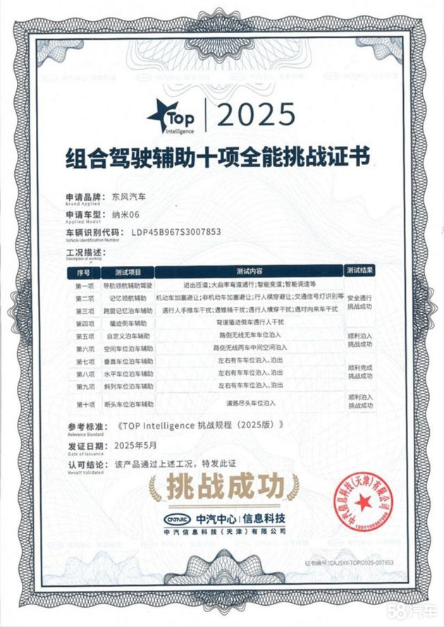 东风纳米06三大挑战荣获中汽中心认证