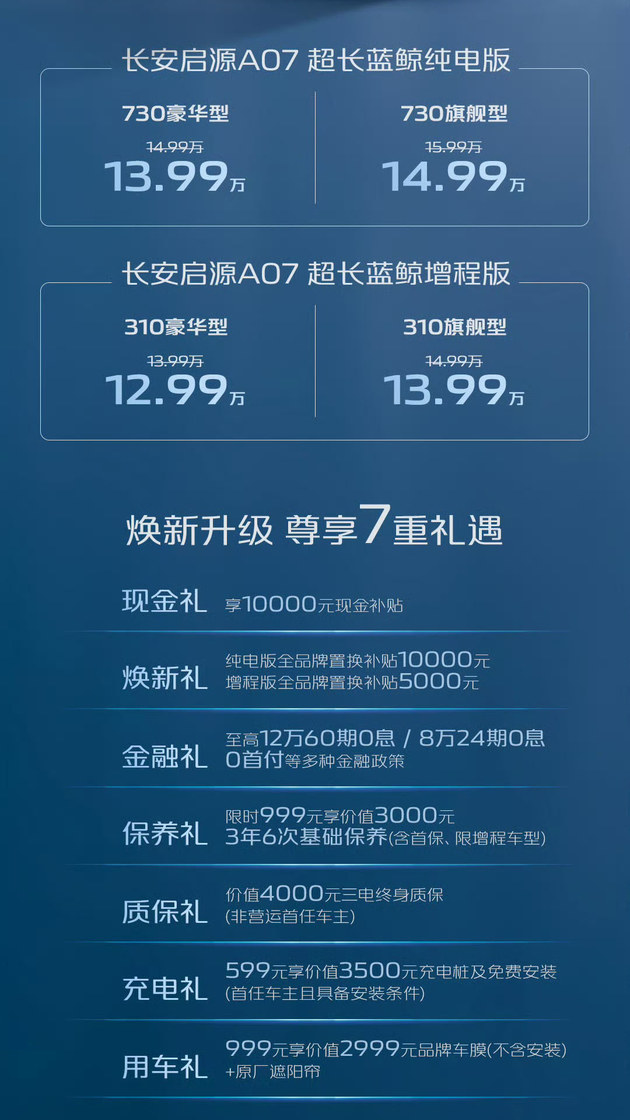 长安启源A07推出超长续航版 补贴后12.99万起